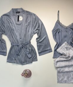 Alternative view of Pyjama 3 pcs en satin et kimono velours " Gris "