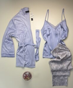 Pyjama 3 pcs en satin et kimono velours " Mauve "
