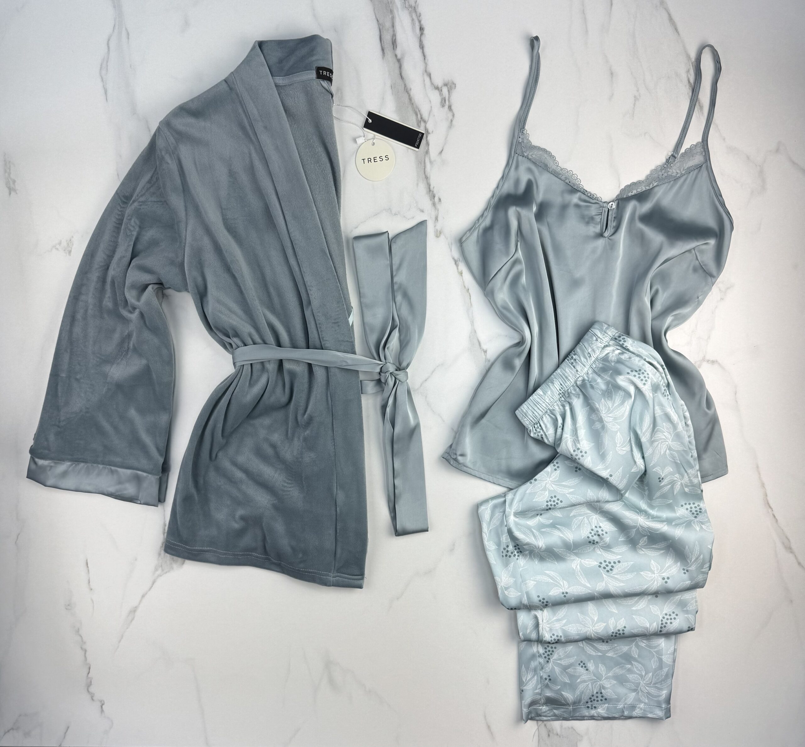 Pyjama 3 pcs en satin et kimono velours " bleu "