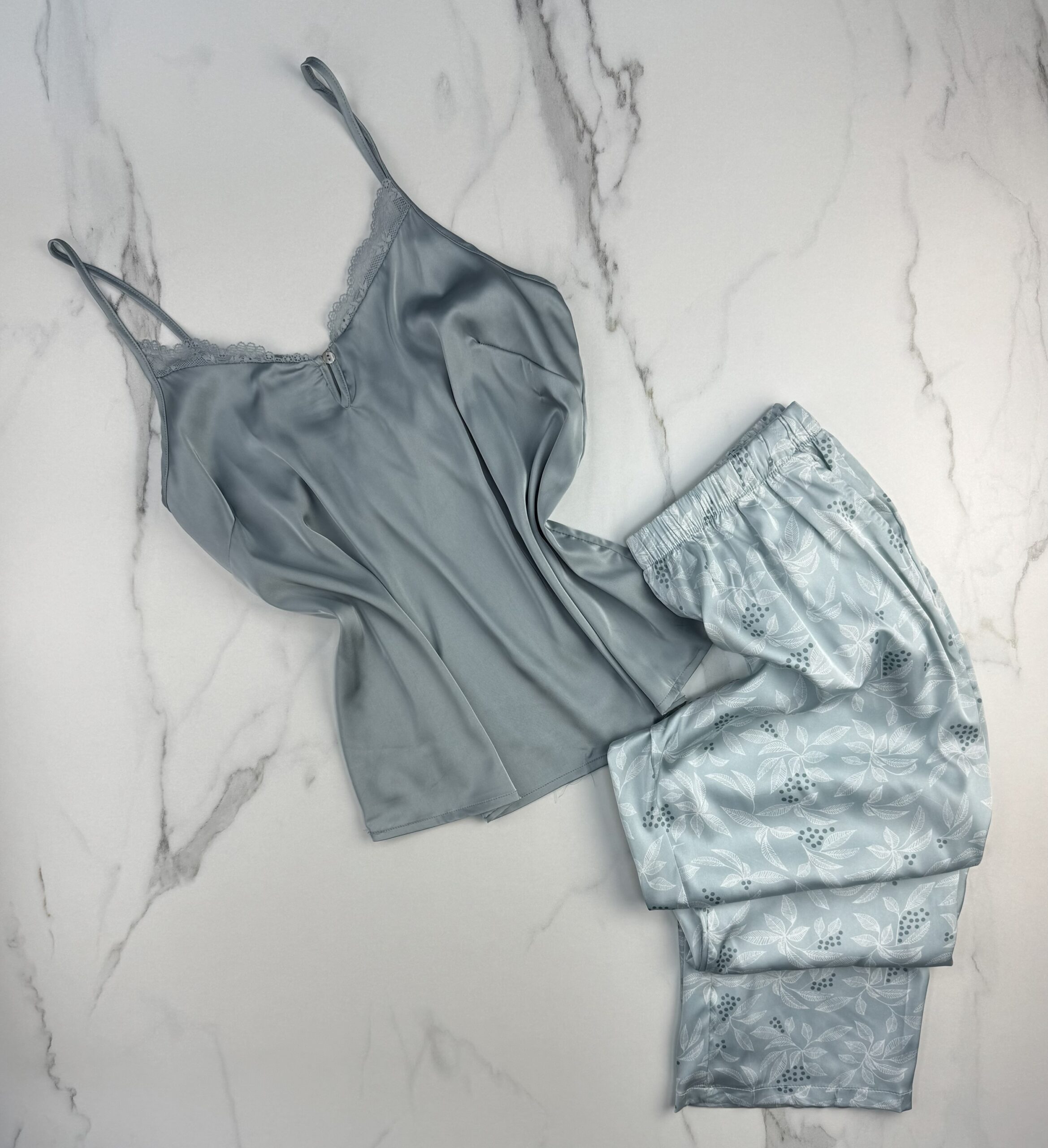 Pyjama 3 pcs en satin et kimono velours " bleu " – Image 3