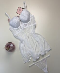 Alternative view of Nuisette en dentelle + bas - H - Blanc
