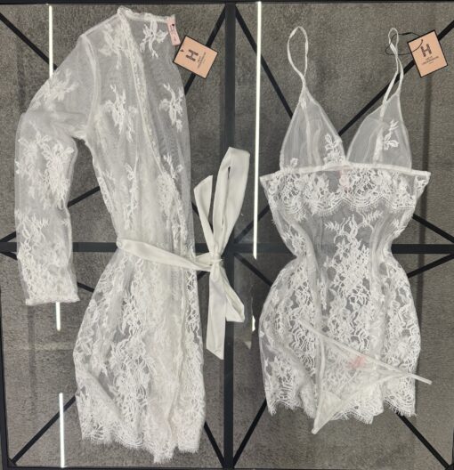 Ensemble nuisette peignoir ( 2 pièces ) - en dentelle H " Blanc "