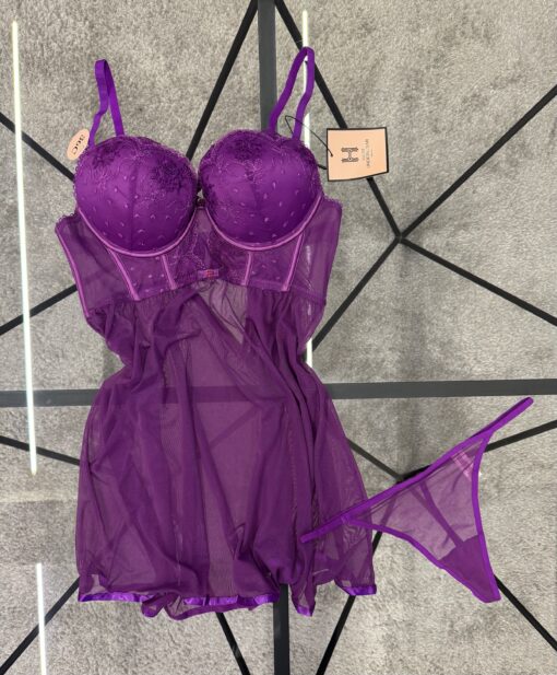 Nuisette en dentelle + bas - H - aubergine