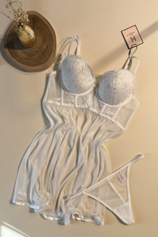 Nuisette en dentelle + bas - H - Blanc