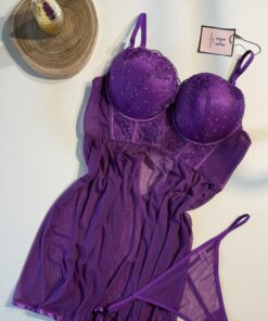 Nuisette en dentelle + bas - H - aubergine