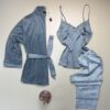 Pyjama 3 pcs en satin et kimono velours " bleu "