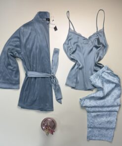 Pyjama 3 pcs en satin et kimono velours " bleu "