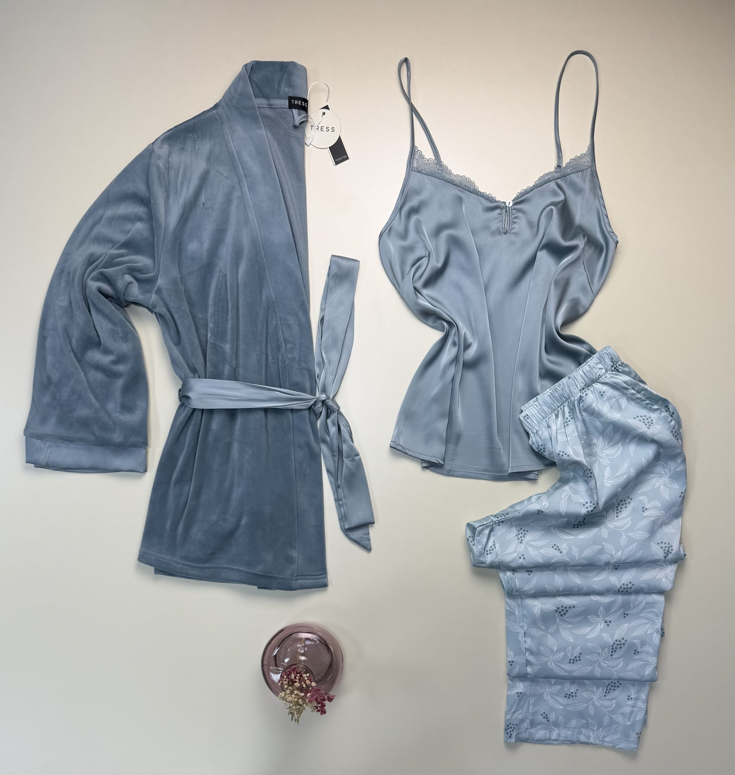 Pyjama 3 pcs en satin et kimono velours " bleu "