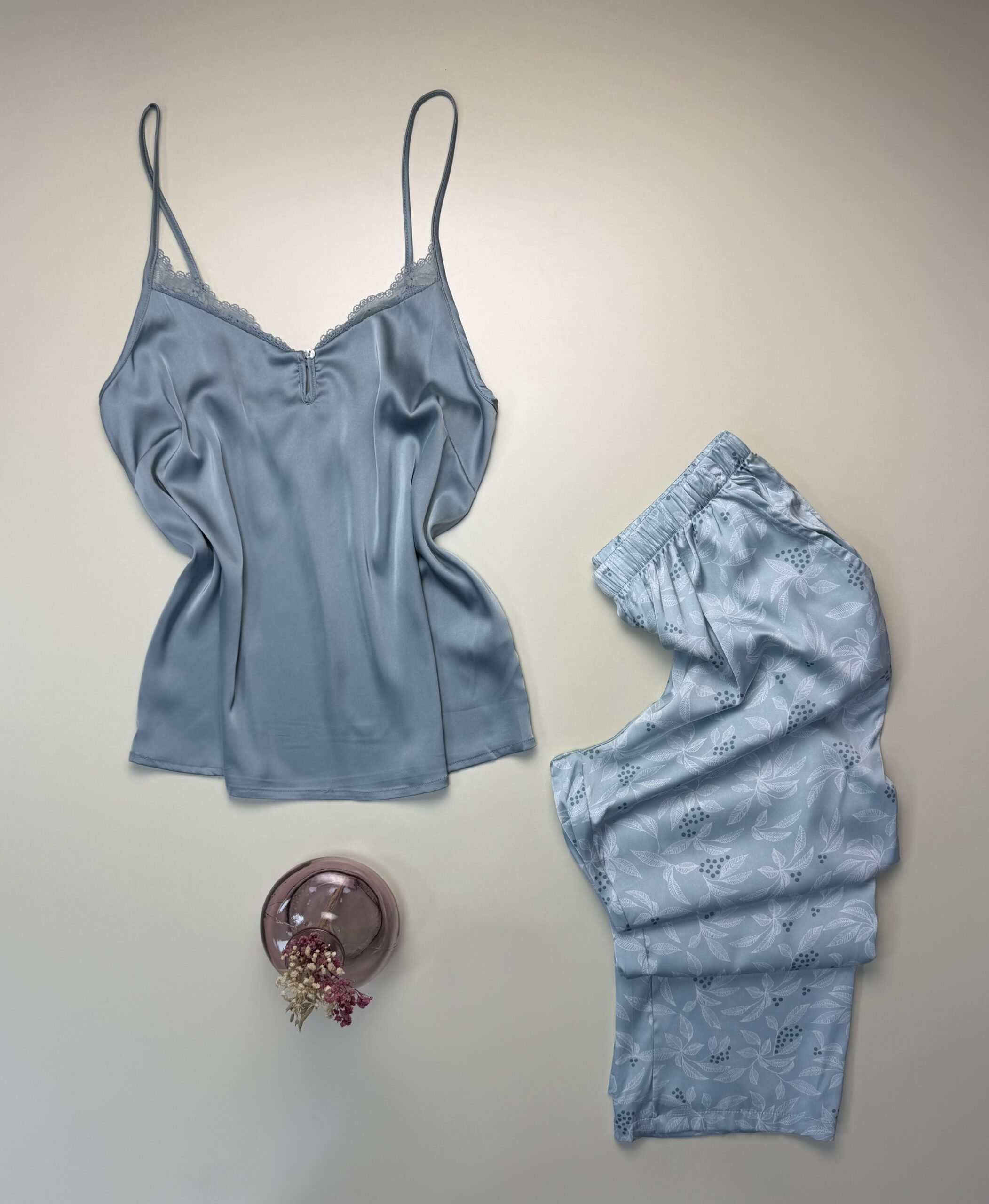 Pyjama 3 pcs en satin et kimono velours " bleu " – Image 4