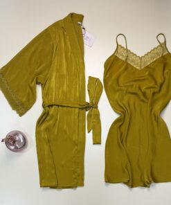 Ensemble nuisette peignoir en satin " Moutarde "