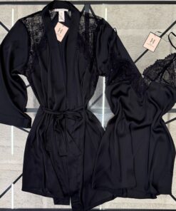 Alternative view of Ensemble nuisette peignoir en satin " Noir "