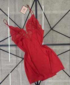 Alternative view of Ensemble nuisette peignoir en satin " Rouge "