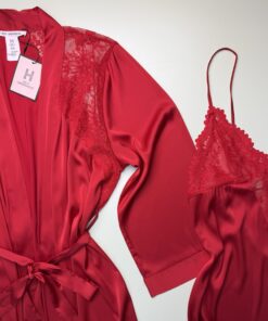 Alternative view of Ensemble nuisette peignoir en satin " Rouge "