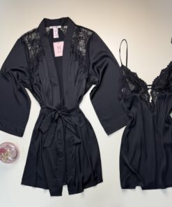 Alternative view of Ensemble nuisette peignoir en satin " Noir "