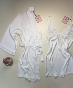 Ensemble nuisette peignoir en satin " Blanc "