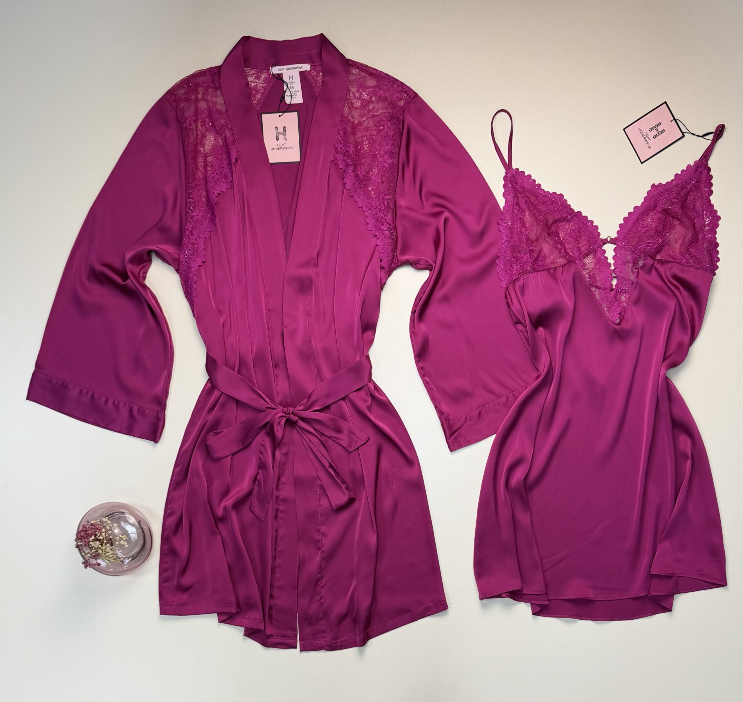 Ensemble nuisette peignoir en satin " Fushia " – Image 2