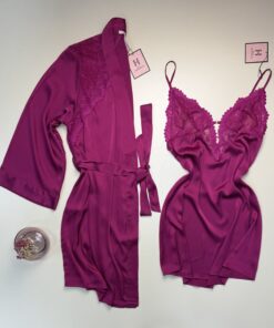 Ensemble nuisette peignoir en satin " Fushia "