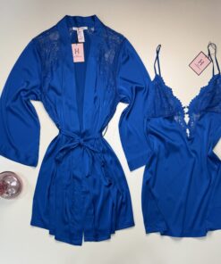 Alternative view of Ensemble nuisette peignoir en satin " Bleu "