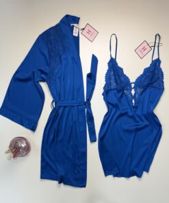 Ensemble nuisette peignoir en satin " Bleu "
