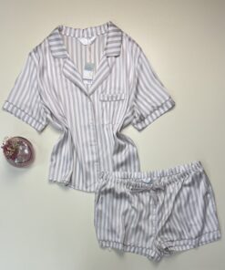 Pyjama short boutonné en satin - Primark -  " taupe à rayures "