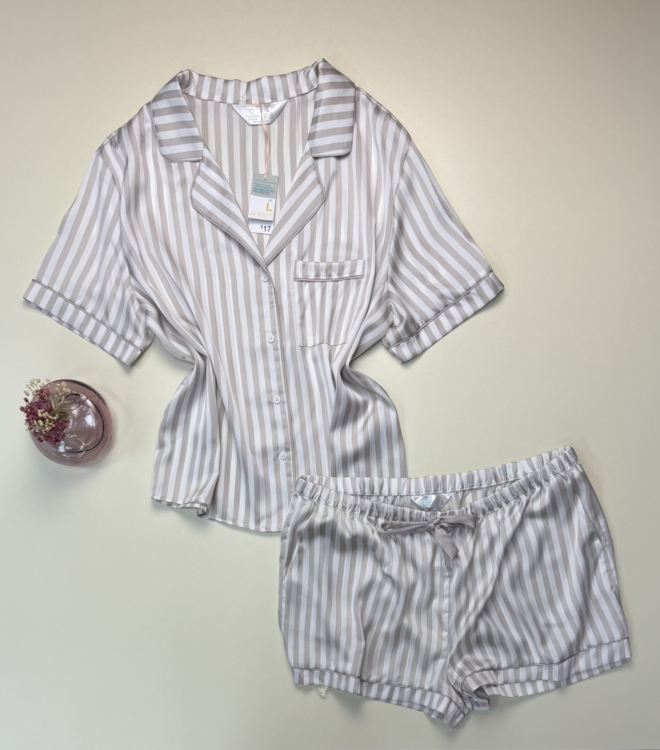 Pyjama short boutonné en satin - Primark - " taupe à rayures "