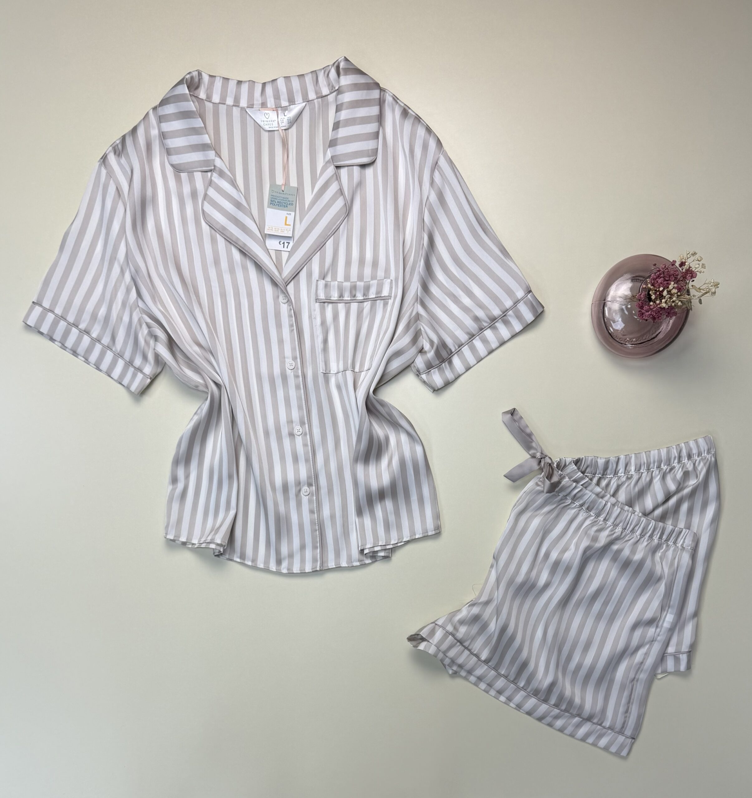 Pyjama short boutonné en satin - Primark - " taupe à rayures " – Image 3