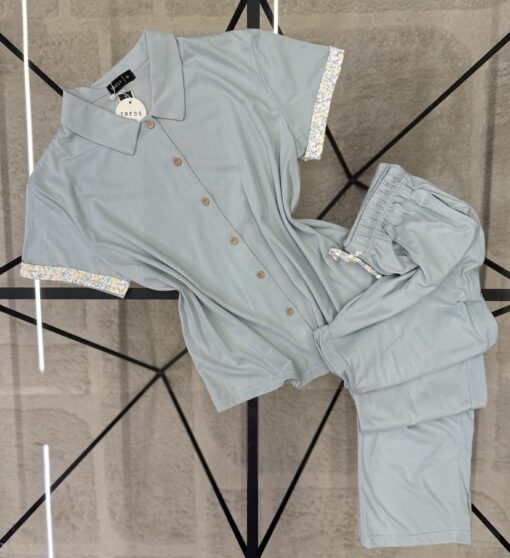 Pyjama Pantalon  Boutonnée " Bleu Vert "