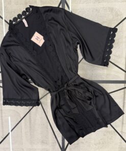 Alternative view of Ensemble nuisette peignoir en satin " Noir "