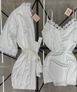 Ensemble nuisette peignoir en satin " Blanc "