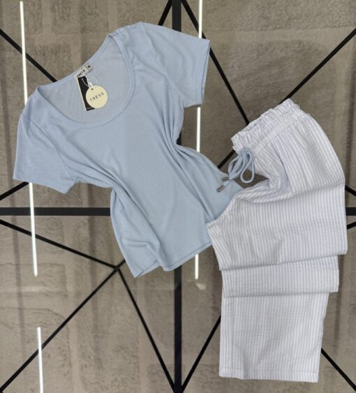 Pyjama pantalon haut demi manche " Bleu "