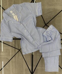 Pyjama boutonné haut demi manche en lin- Bleu à rayures -