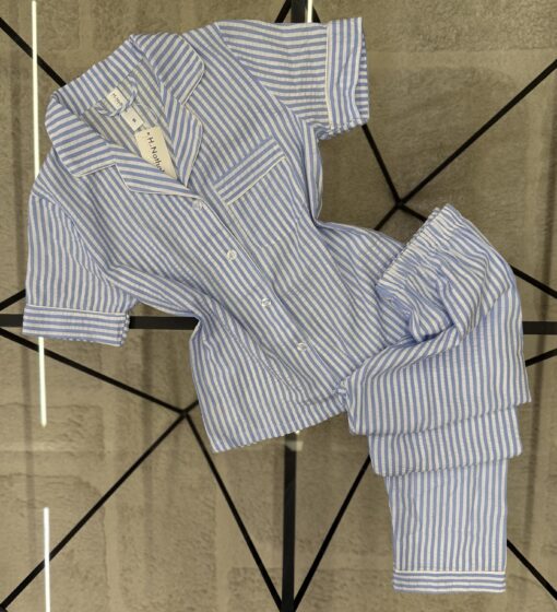 Pyjama boutonné haut demi manche en lin- Bleu à rayures -