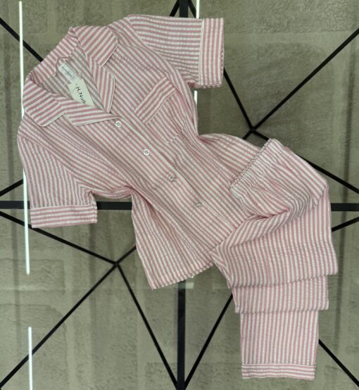 Pyjama boutonné haut demi manche en lin- Rose à rayures -
