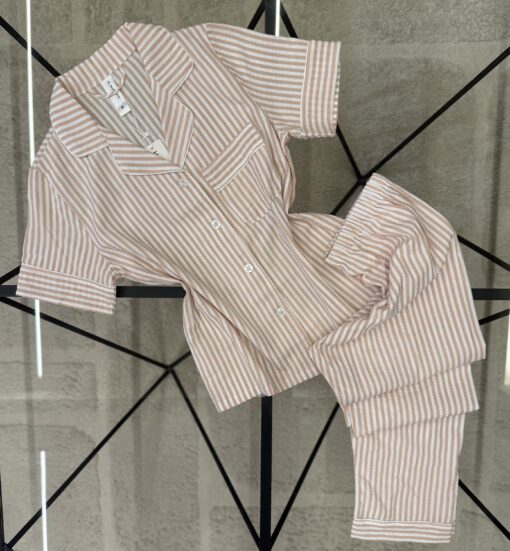 Pyjama boutonné haut demi manche en lin- Saumon à rayures -