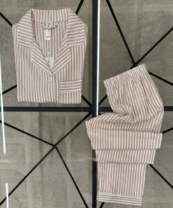 Alternative view of Pyjama boutonné haut demi manche en lin- Saumon à rayures -