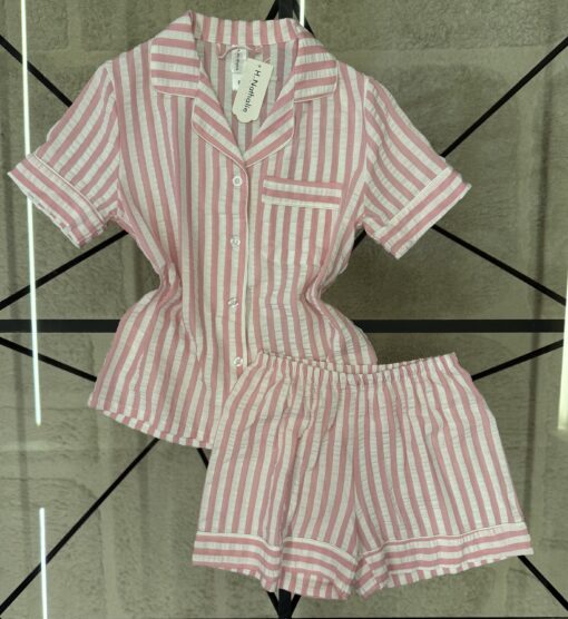 Pyjama boutonné short haut demi manche en lin- rose à rayures -