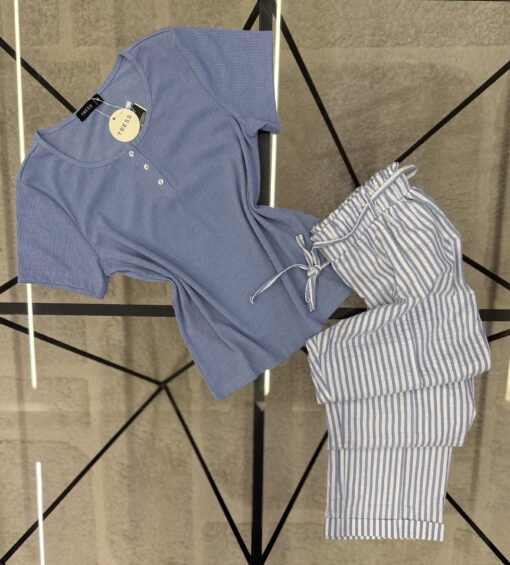Pyjama pantalon haut demi manche " Bleu "