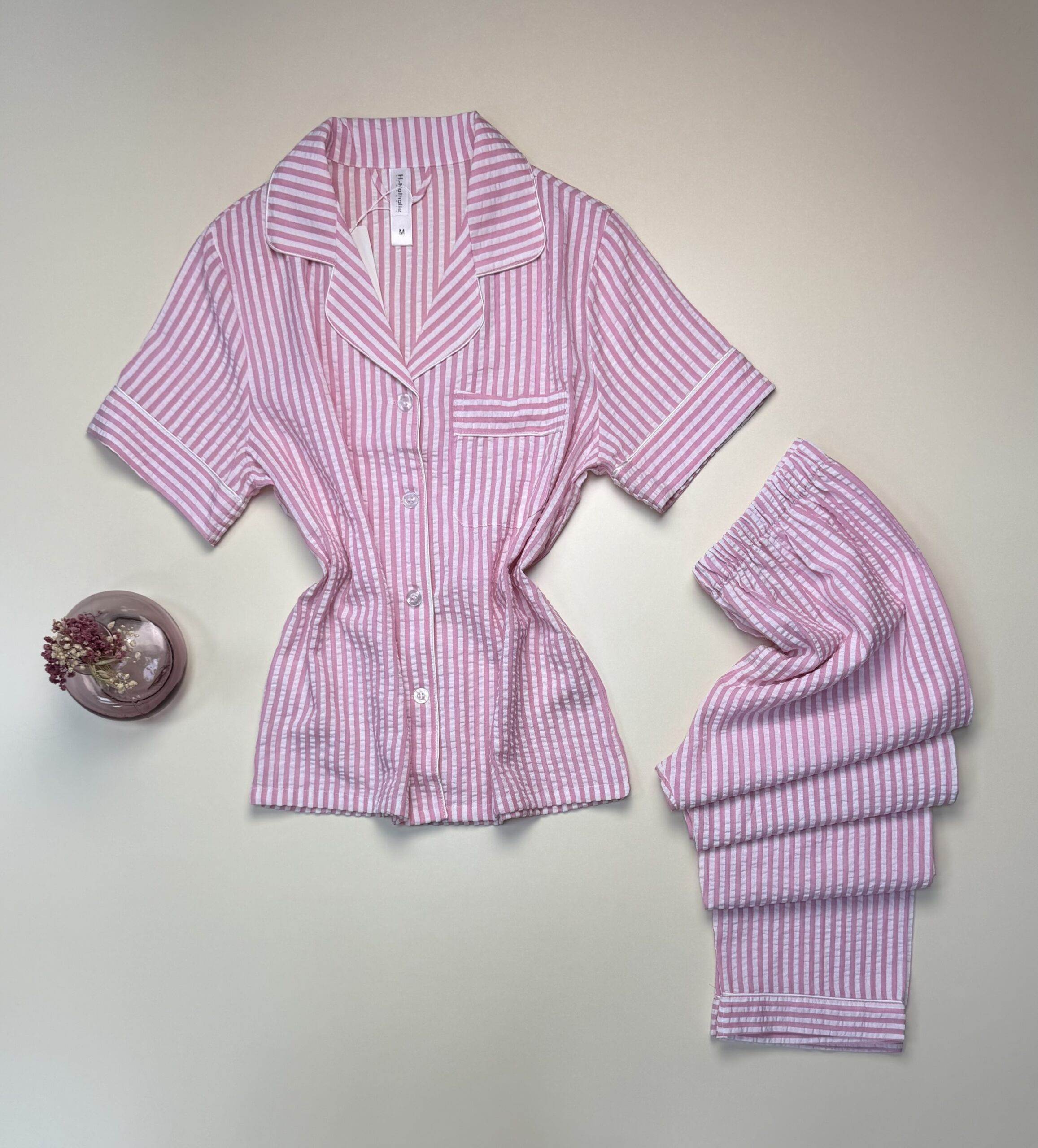 Pyjama boutonné haut demi manche en lin- Rose à rayures - – Image 3