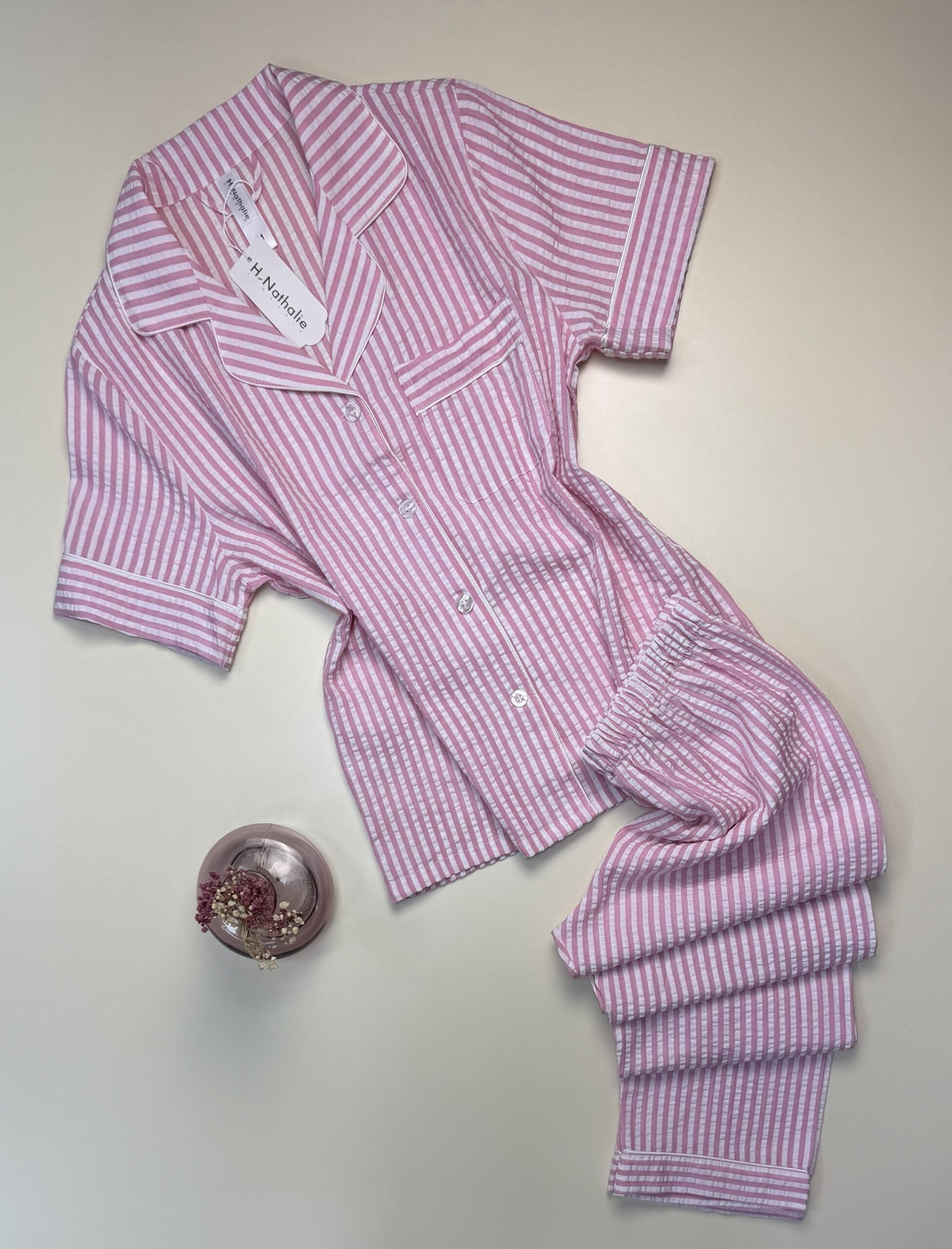 Pyjama boutonné haut demi manche en lin- Rose à rayures -