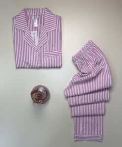 Alternative view of Pyjama boutonné haut demi manche en lin- Rose à rayures -