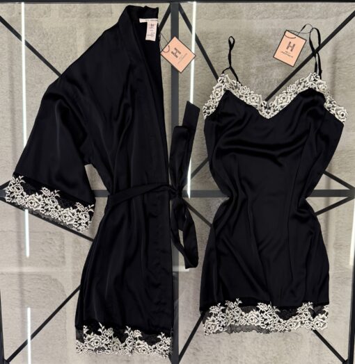 Ensemble nuisette peignoir en satin " Noir "