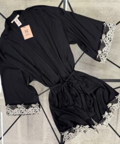 Alternative view of Ensemble nuisette peignoir en satin " Noir "