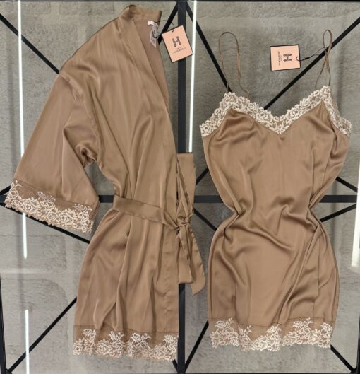 Ensemble nuisette peignoir en satin " Beige foncé "