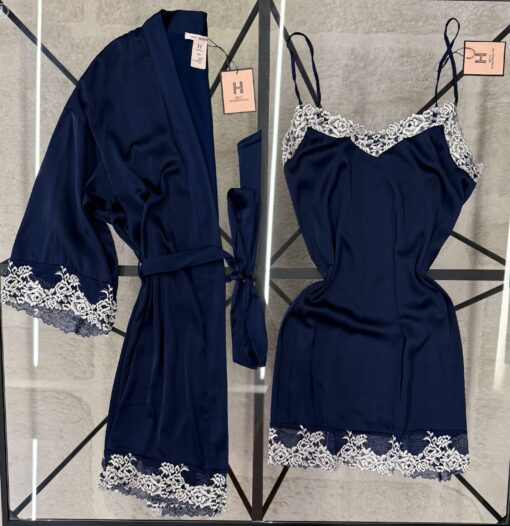 Ensemble nuisette peignoir en satin " Bleu nuit "