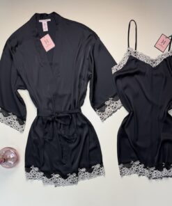 Alternative view of Ensemble nuisette peignoir en satin " Noir "