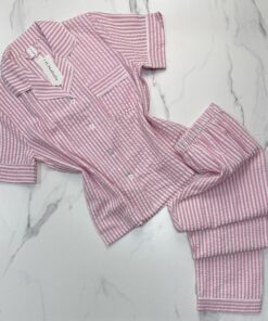 Pyjama boutonné haut demi manche en lin- Rose à rayures -
