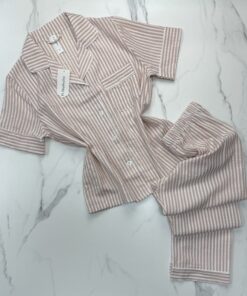 Pyjama boutonné haut demi manche en lin- Saumon à rayures -