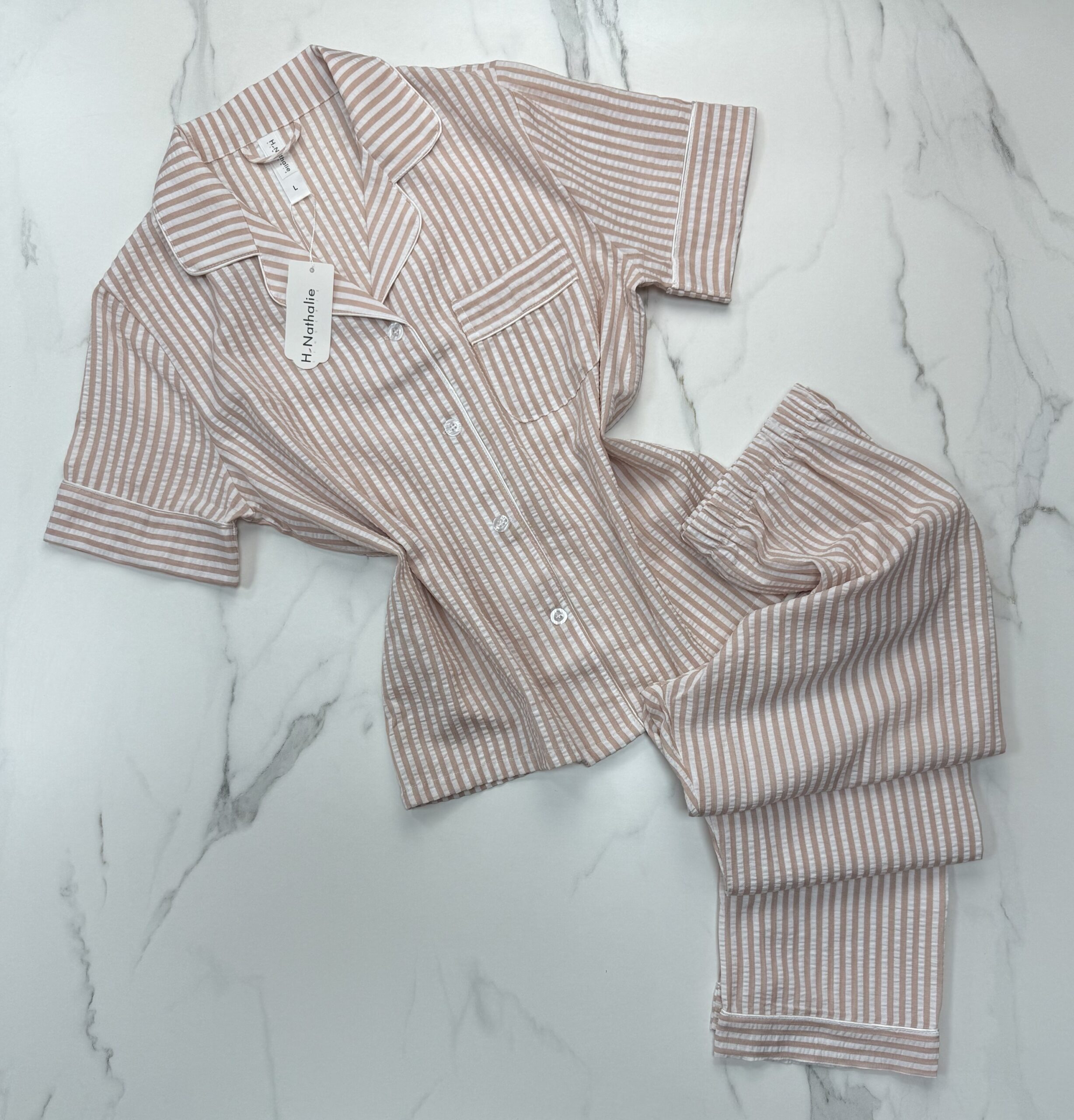 Pyjama boutonné haut demi manche en lin- Saumon à rayures -