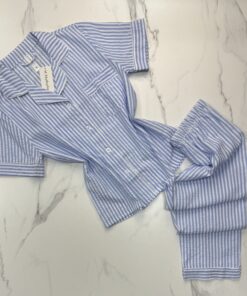 Pyjama boutonné haut demi manche en lin- Bleu à rayures -
