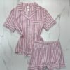 Pyjama boutonné short haut demi manche en lin- rose à rayures -
